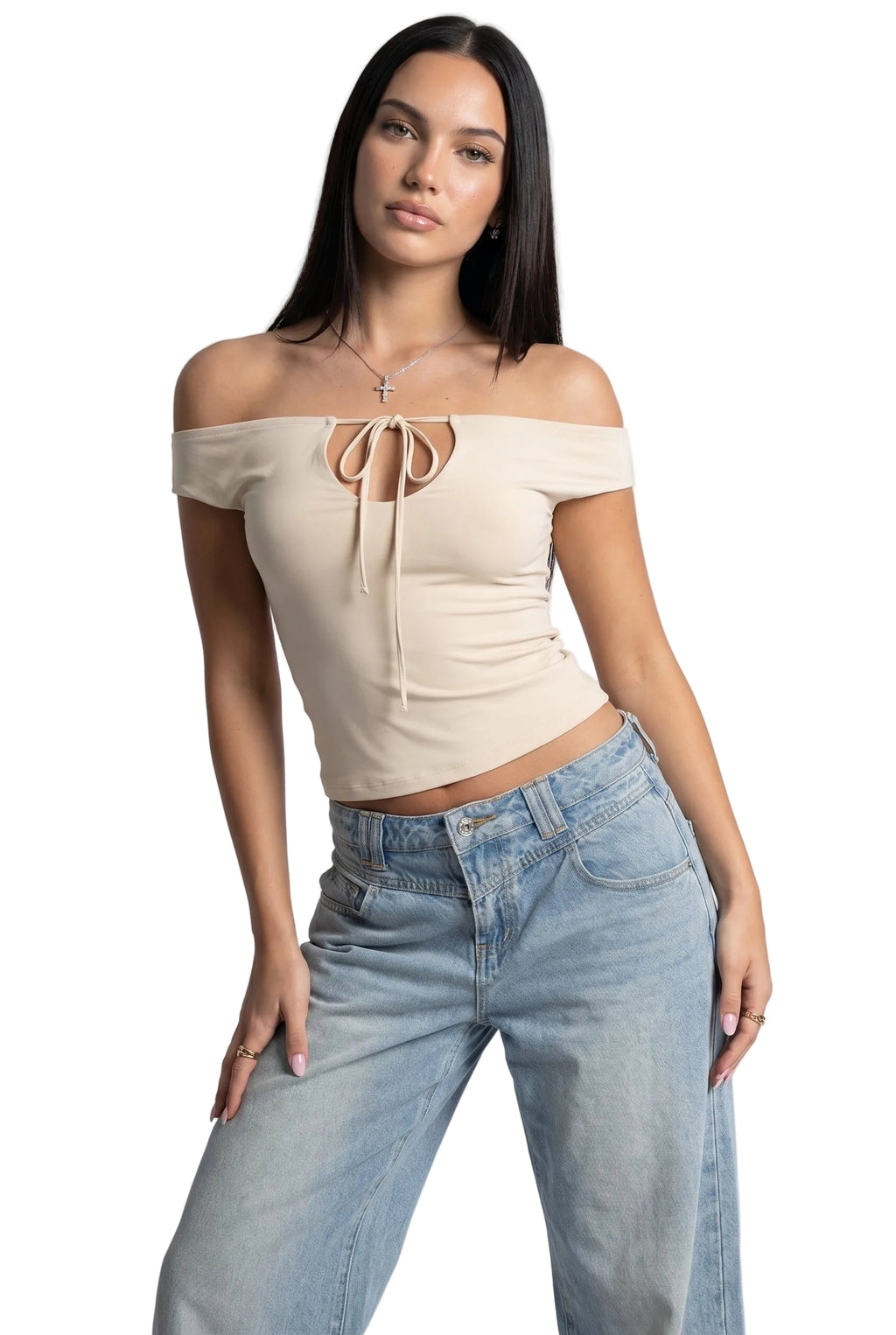 Ivory Muse Off-Shoulder Tie-Up Top
