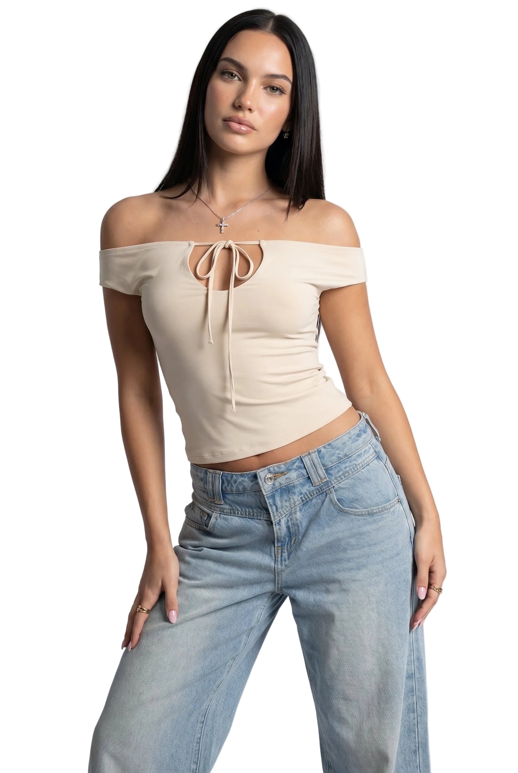 Ivory Muse Off-Shoulder Tie-Up Top