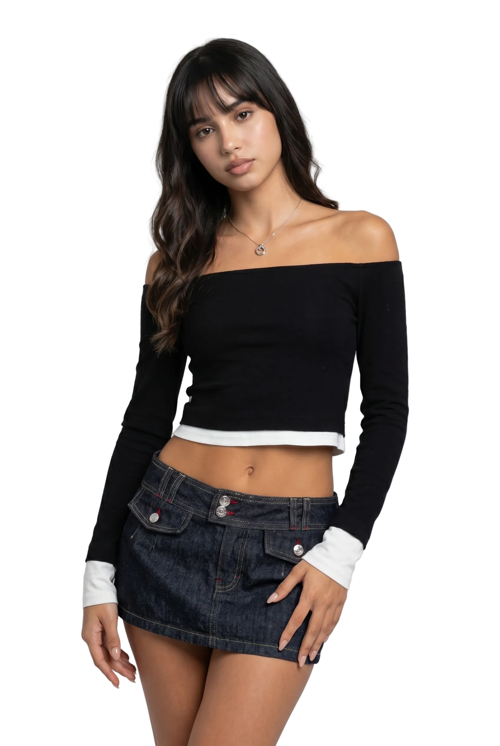 Off-Shoulder Contrast Hem Crop Top