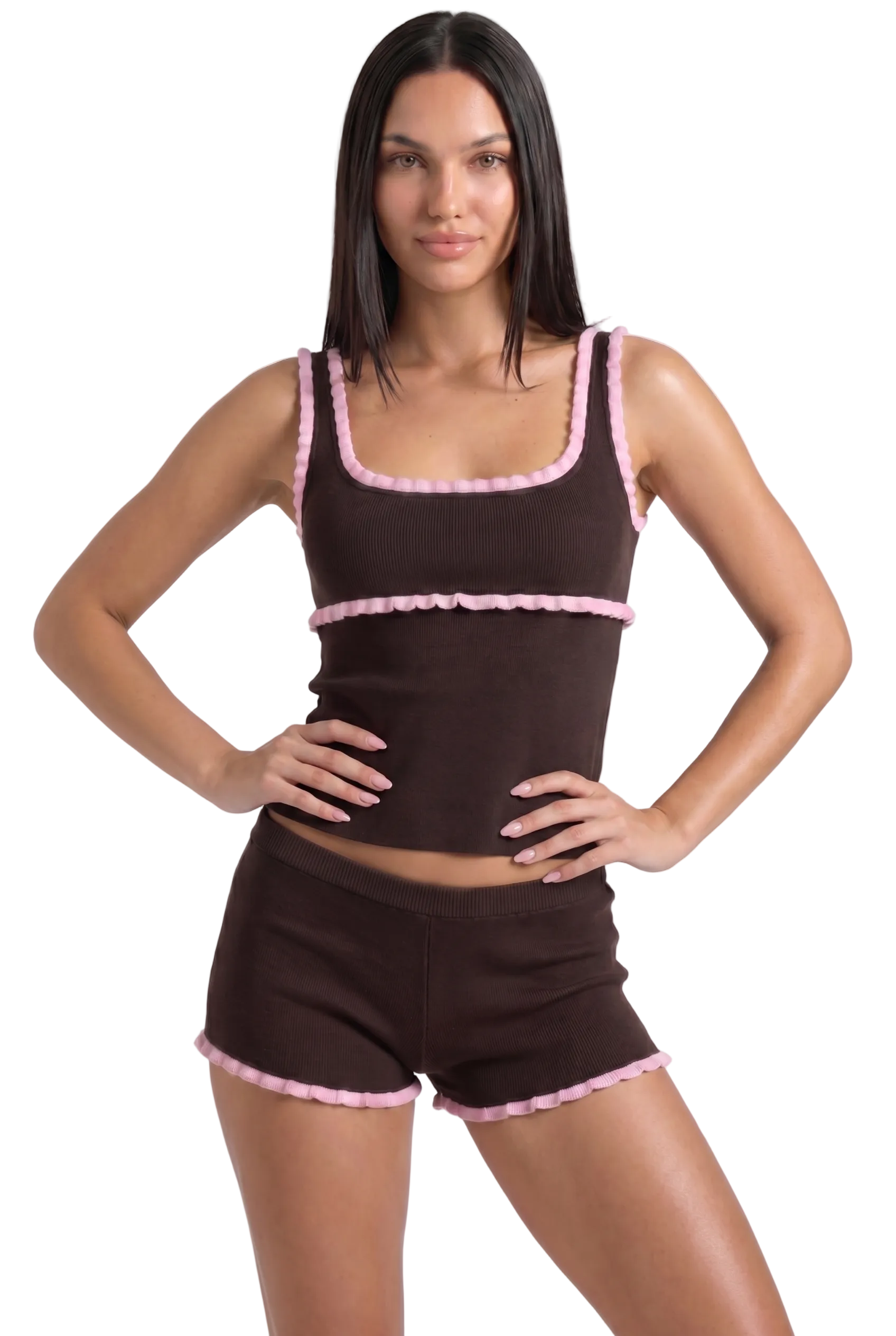 Ribbed Ruffle Trim Lounge Co-Ord Set