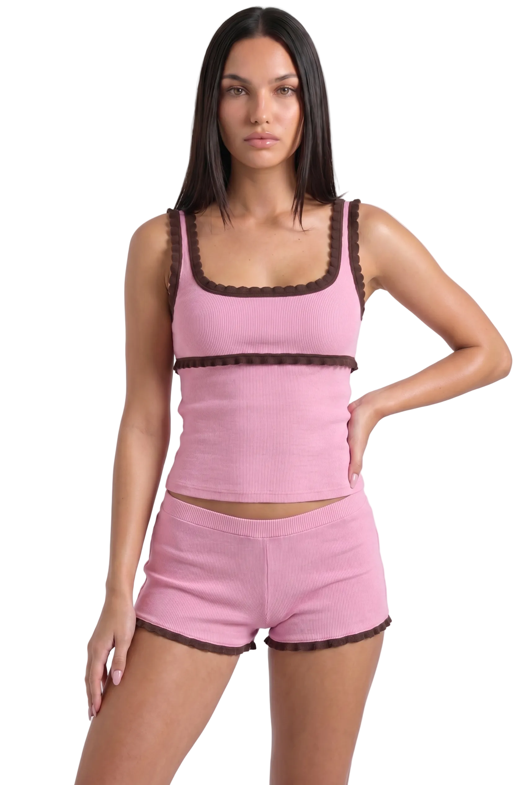 Ribbed Ruffle Trim Lounge Co-Ord Set