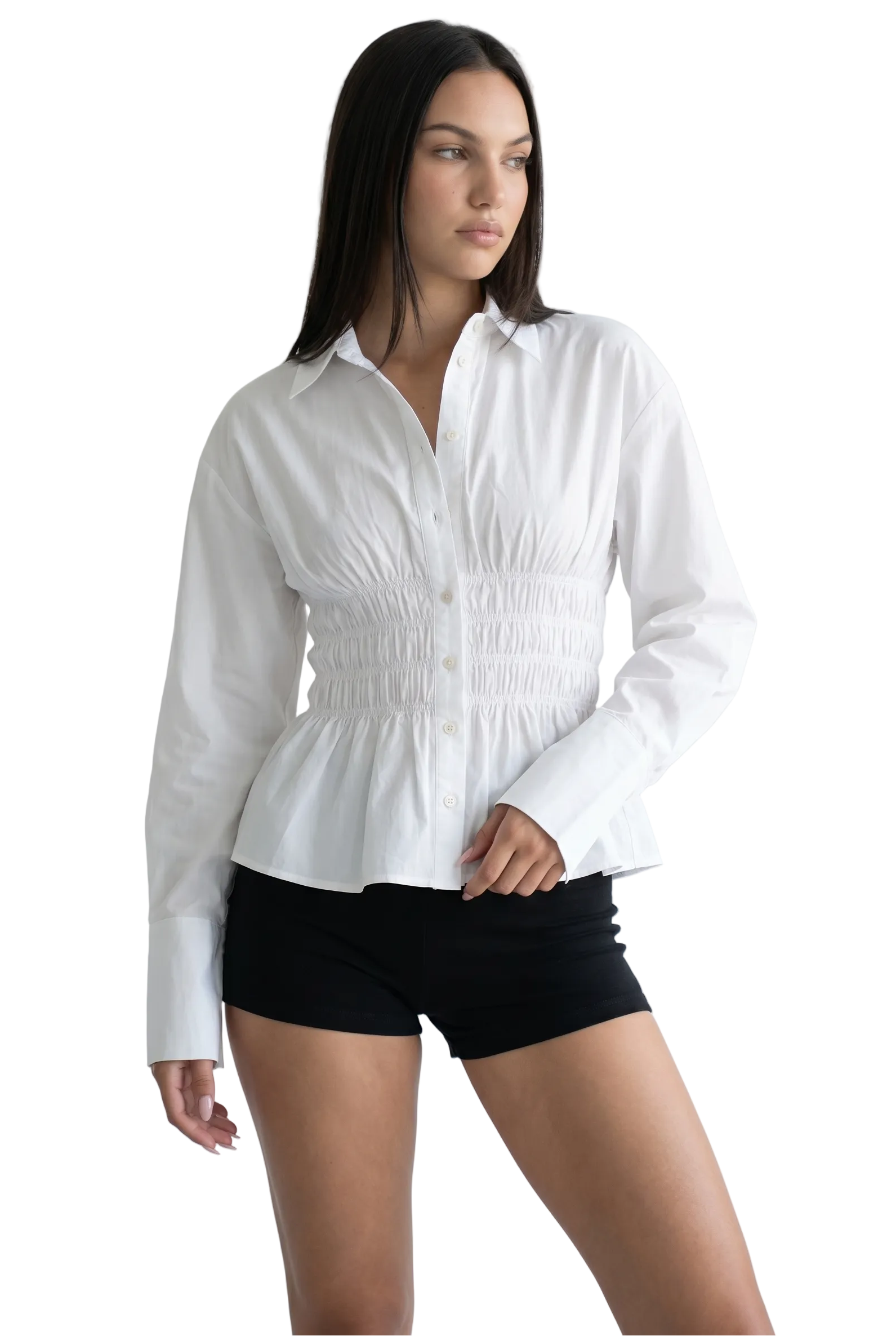 Smocked Waist Button-Down Peplum Shirt