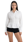 Smocked Waist Button-Down Peplum Shirt