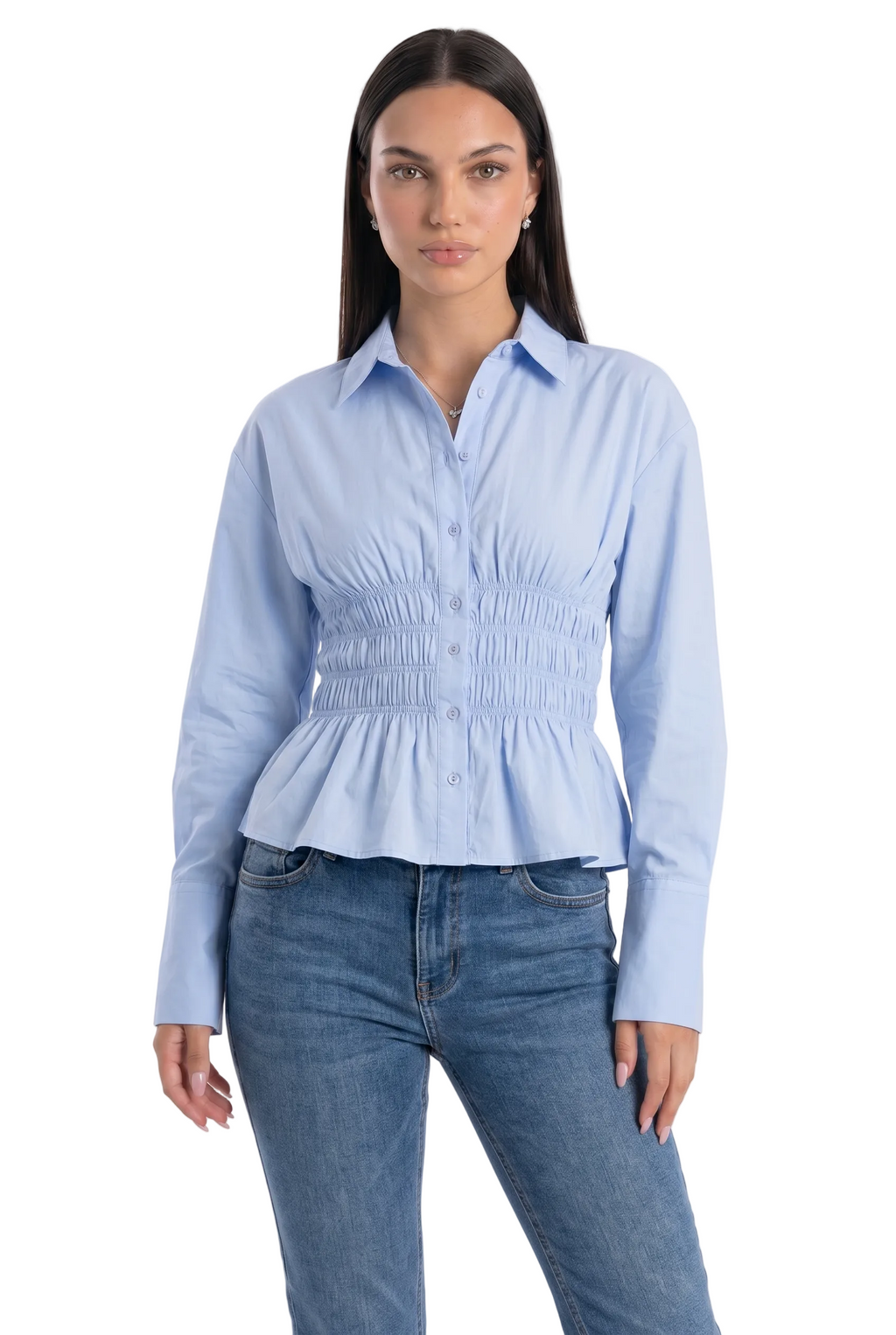 Smocked Waist Button-Down Peplum Shirt