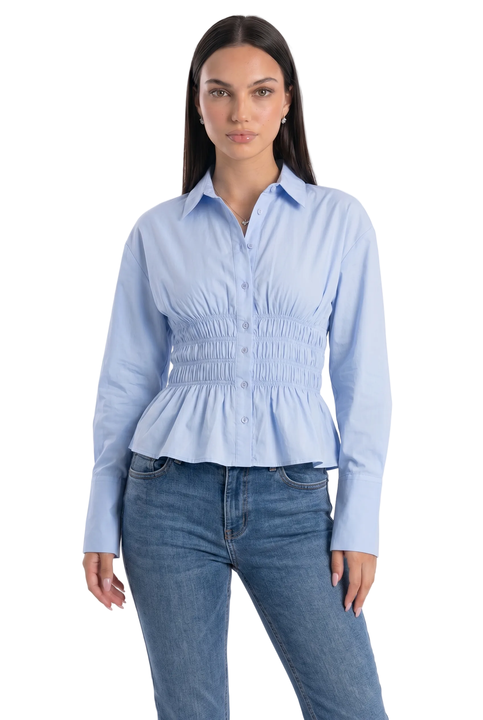 Smocked Waist Button-Down Peplum Shirt