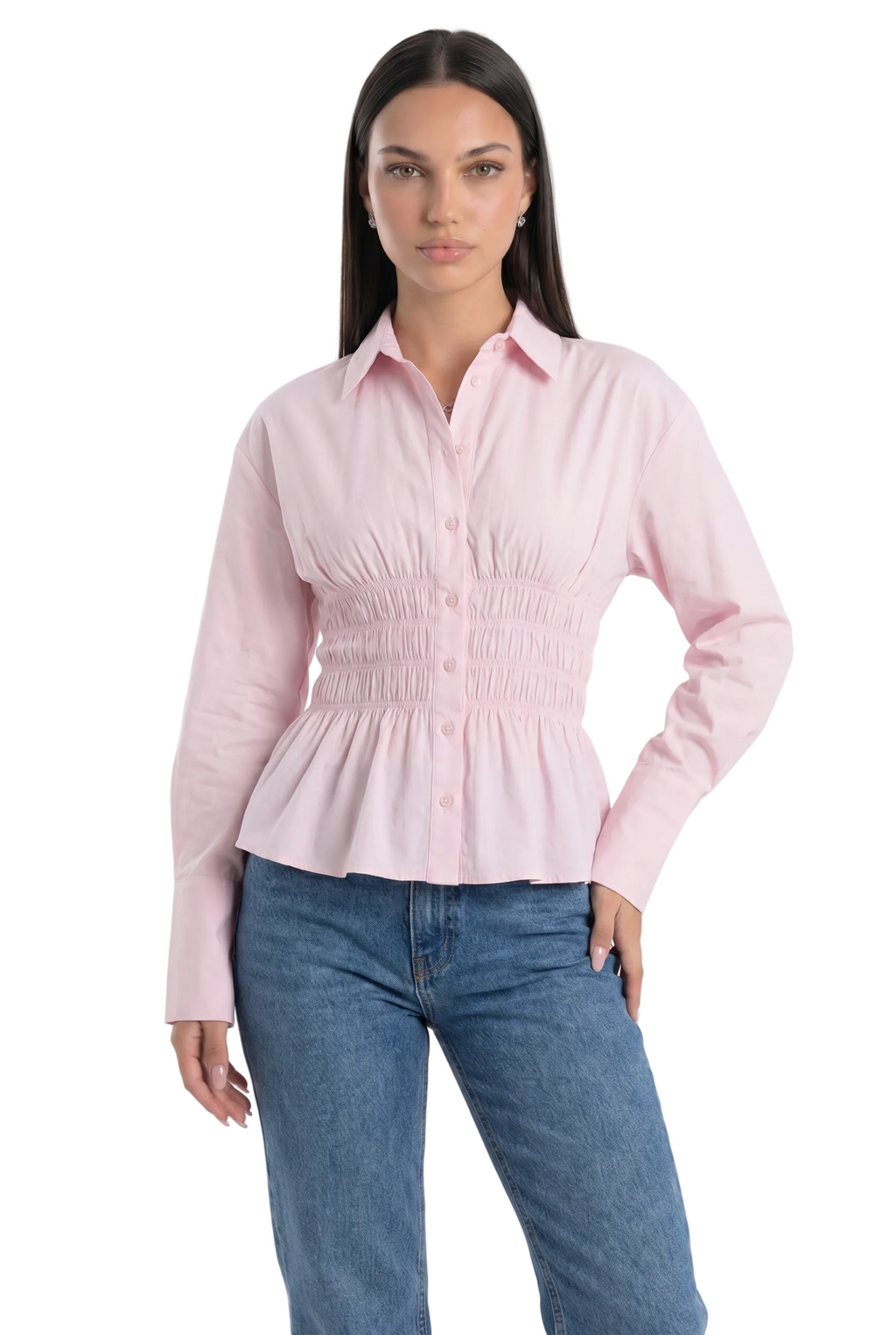 Smocked Waist Button-Down Peplum Shirt