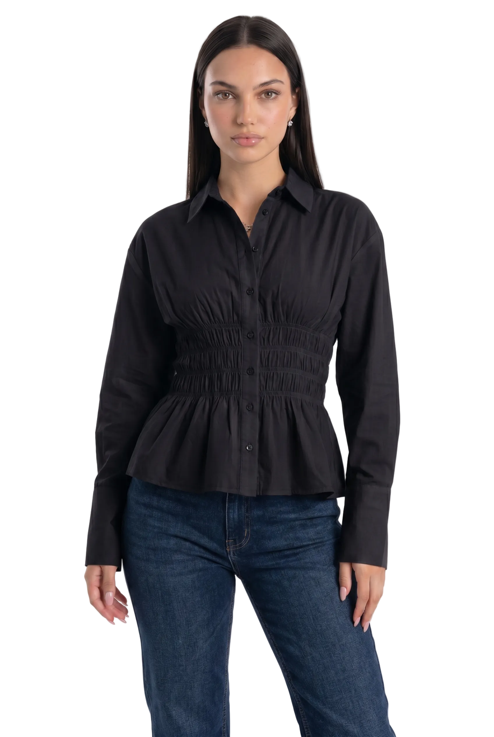 Smocked Waist Button-Down Peplum Shirt