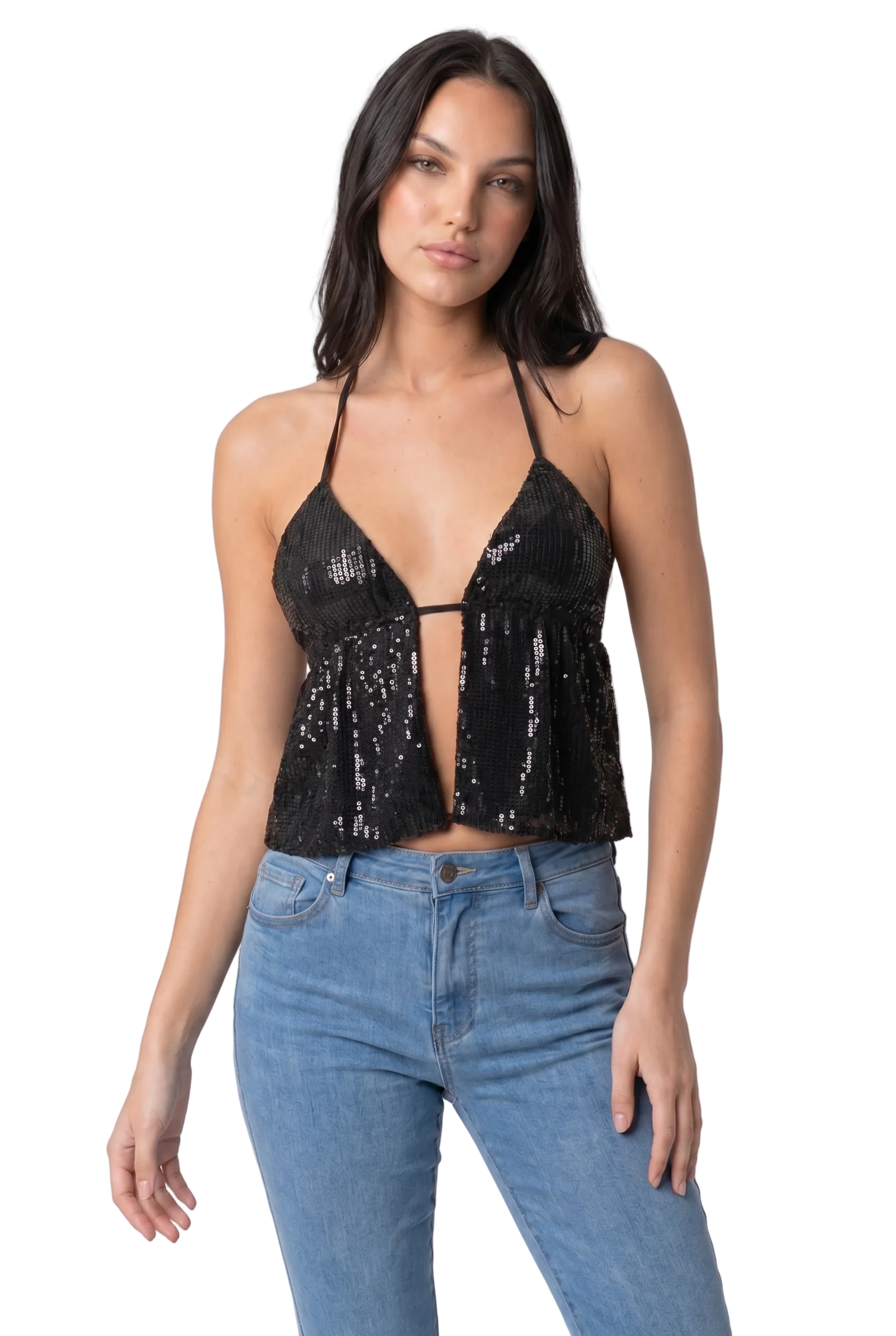 Sequin Plunge Halter Top