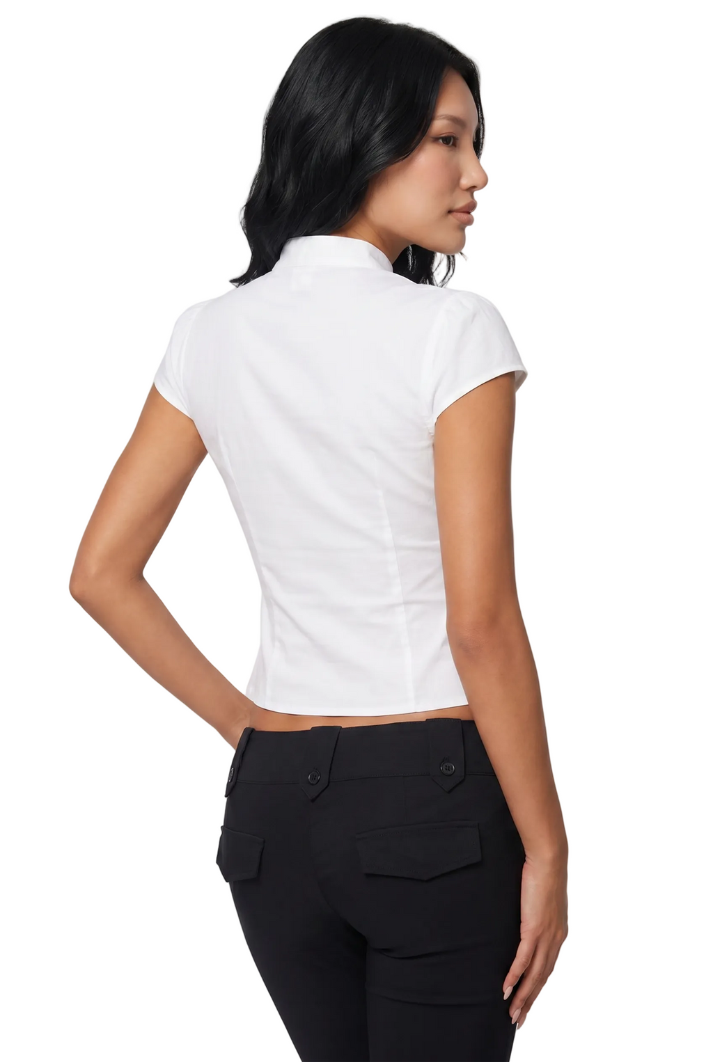 Ivory Tie-Front Mandarin Collar Top