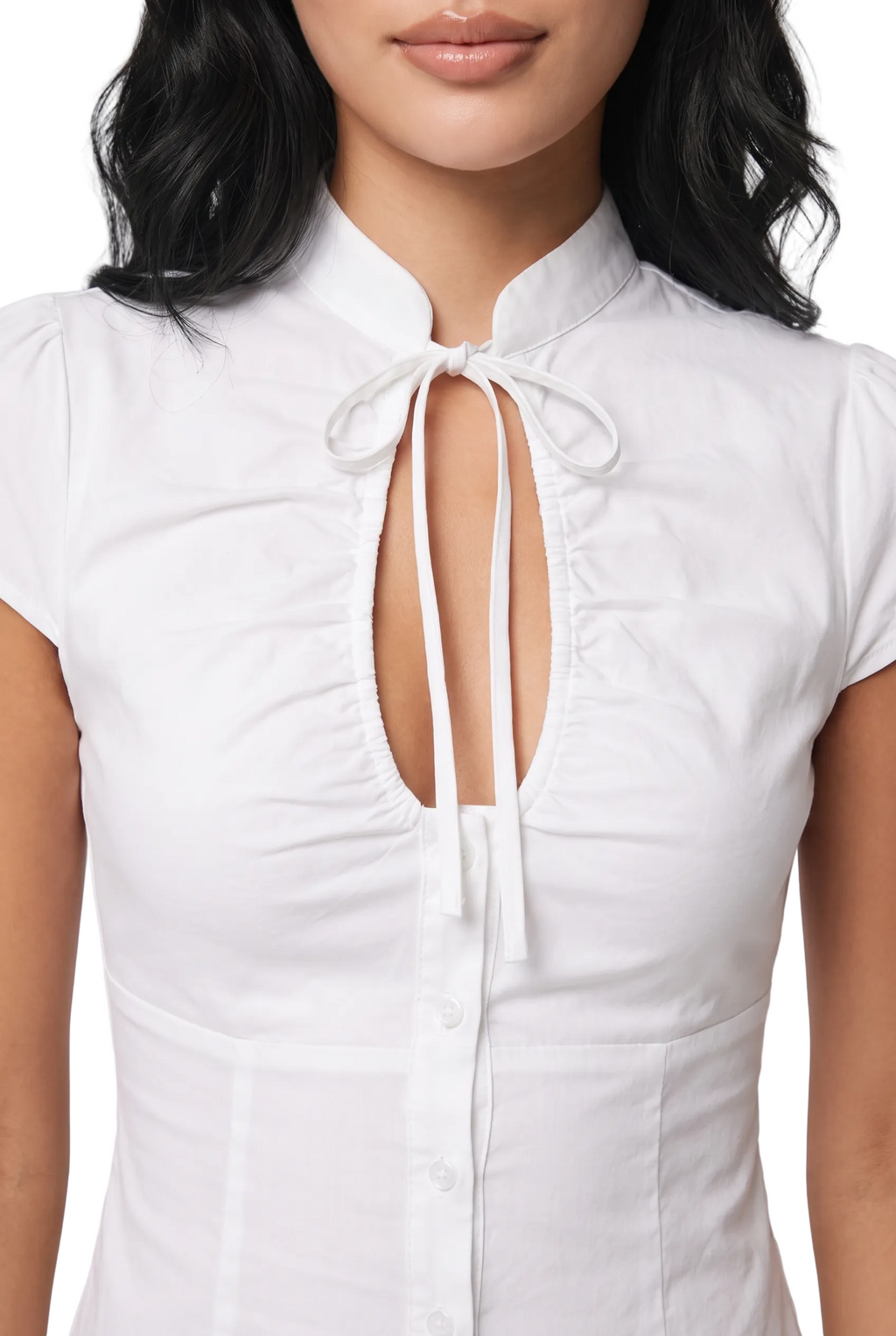 Ivory Tie-Front Mandarin Collar Top